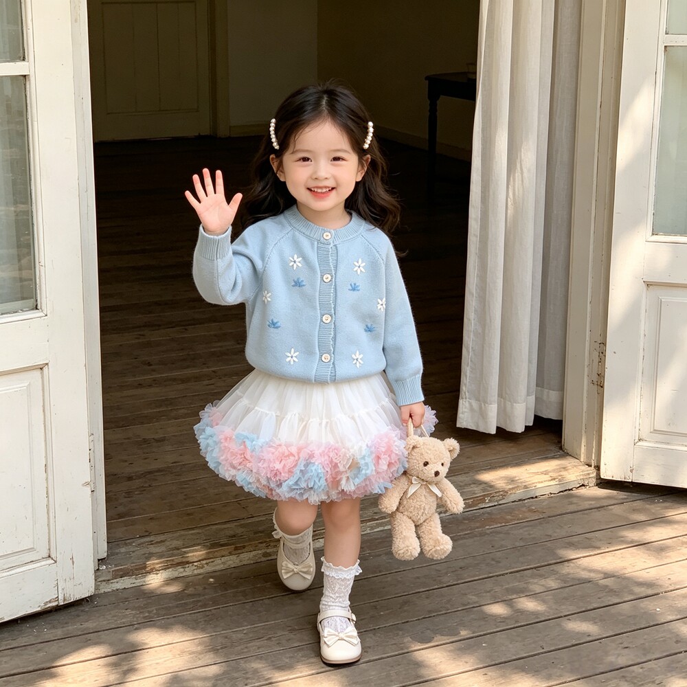 奶黄浅蓝两色女童绣花开衫宝宝女毛衣/针织衫