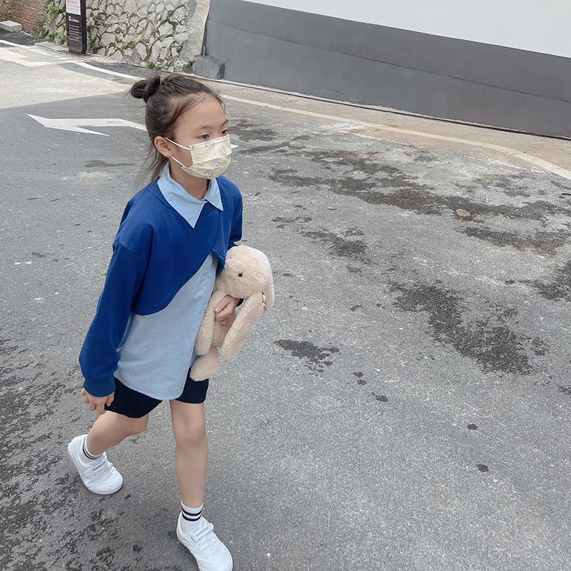 蜜巧熙女童假两件衬衫2023春装新款韩版儿童洋气撞色拼接长袖卫衣
