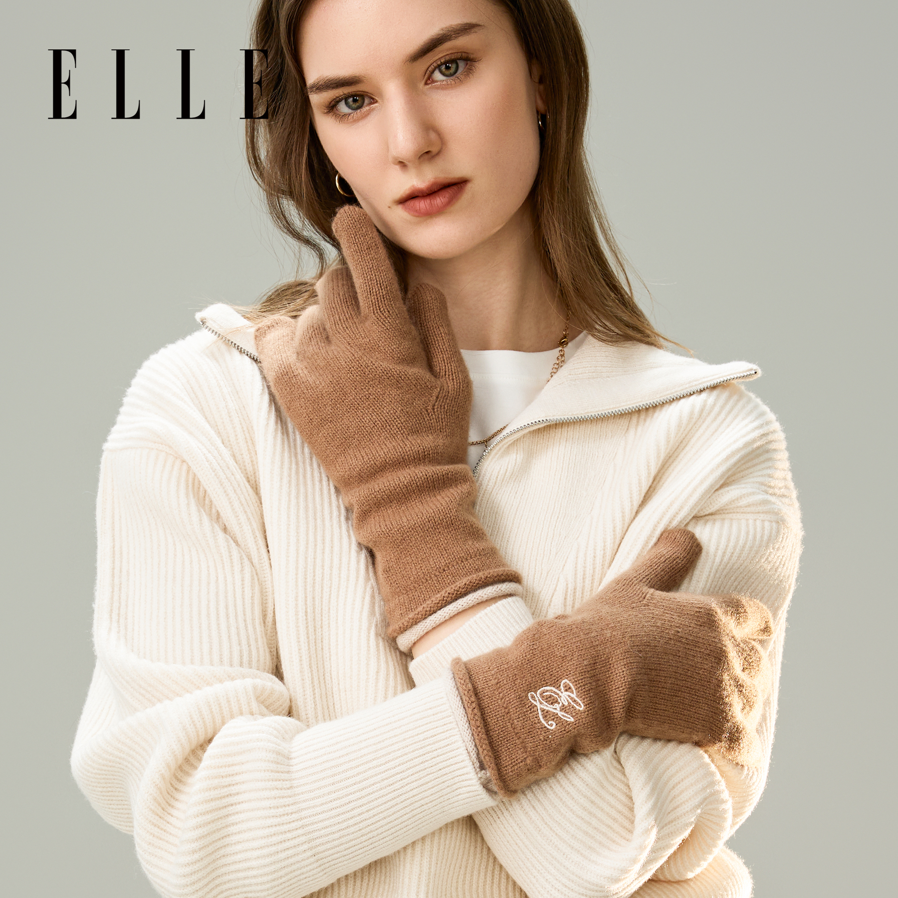 ELLE100%绵羊毛针织手套女士秋冬