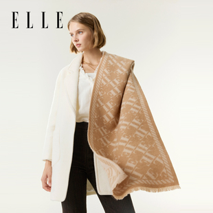 ELLE纯羊毛披肩女秋冬季 字母简约加宽围巾双面提花加厚保暖围脖
