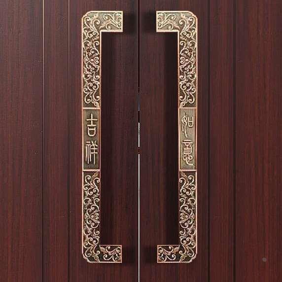 新中式铜门古铜雕刻方框长拉手酒店别墅大门双开门木门复古把定制