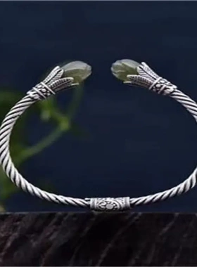 复古925银玉手镯女时尚年轻款网红手饰品饰实心开口和田兰花手环