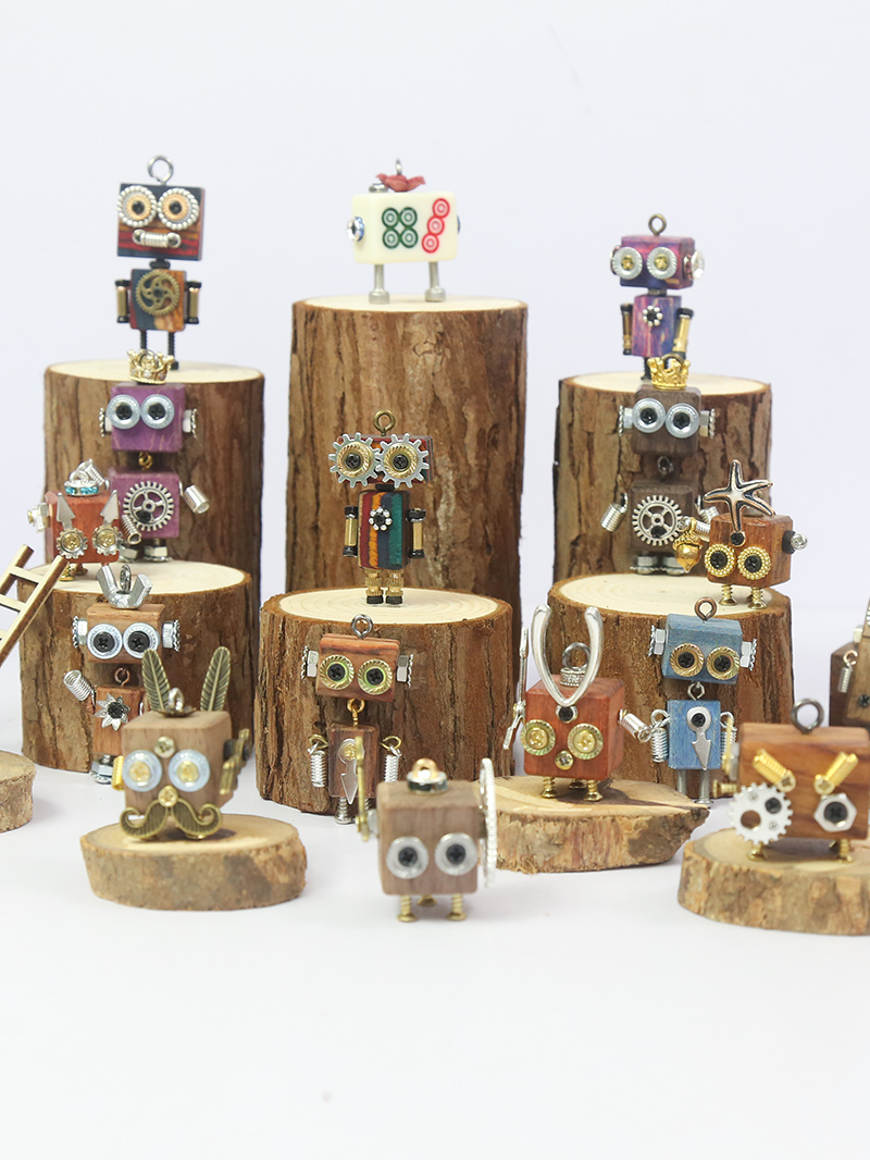 木小魔项链diy材料包情侣亲子手作包 蒸汽朋克木质机器人潮流挂件