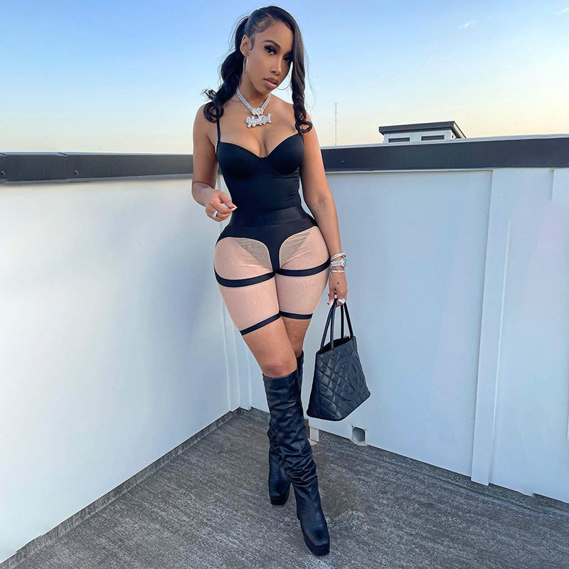 性感低胸吊带高腰修身显瘦包臀裤套装女Women halter shorts suit