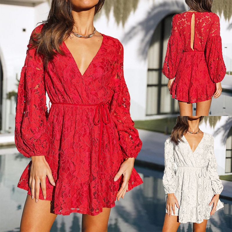 lace A dress欧美秋冬性感深V领红色蕾丝露背高腰系带灯笼袖短裙