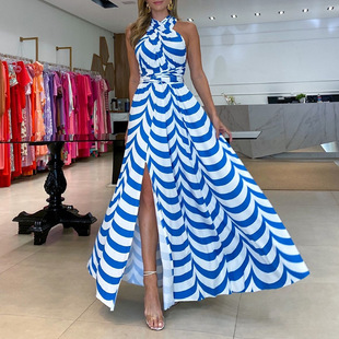 甜美條紋掛脖高腰開叉中長款 hem 連衣裙 新品 夏季 slit dress女裝