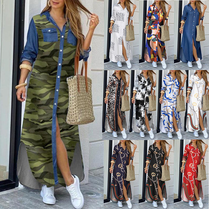 Camouflage printe long dress欧美迷彩印花衬衫式口袋长款连衣裙