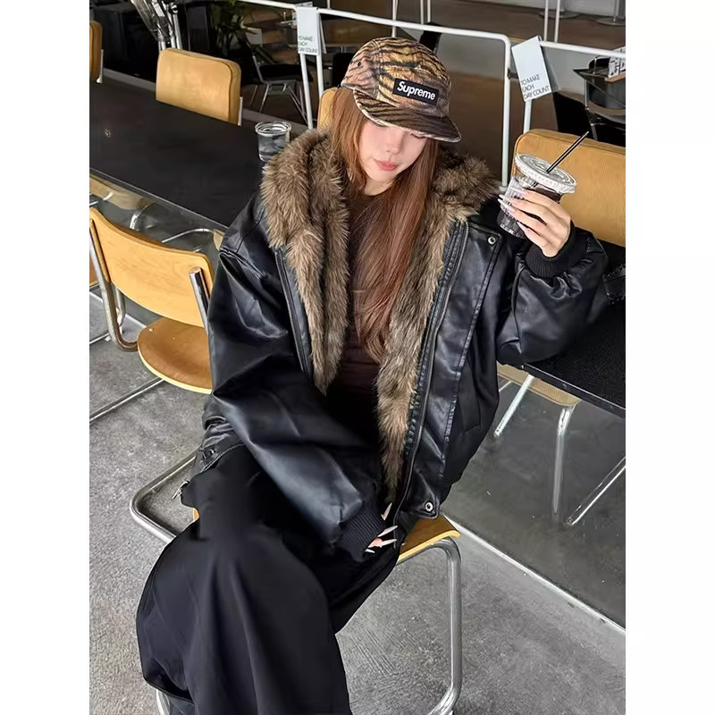 大码美式座山雕皮毛一体加厚棉服