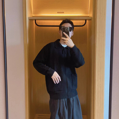 大码男士老钱风大翻领针织衫开衫