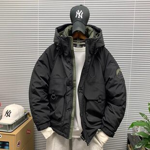 大码90鸭绒新国标工装连帽羽绒服男士冬季宽松保暖户外外套男款潮