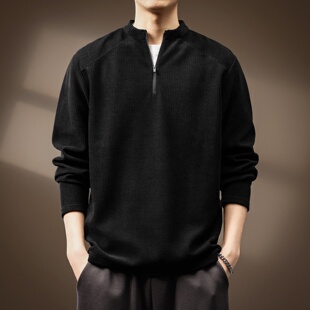 大码300斤重磅欧棉绒华夫格长袖T恤男春秋美式复古半拉链硬汉卫衣