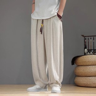 大码300斤亚麻裤子男士唐装夏季薄款宽松阔腿棉麻哈伦休闲灯笼裤
