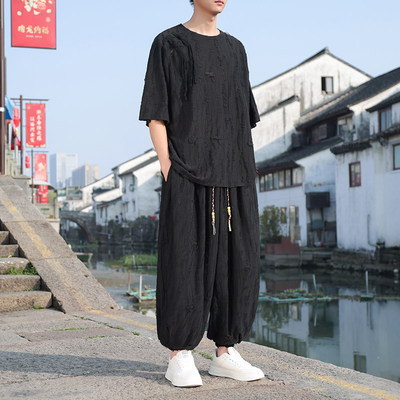 大码300斤男装新中式破洞套装