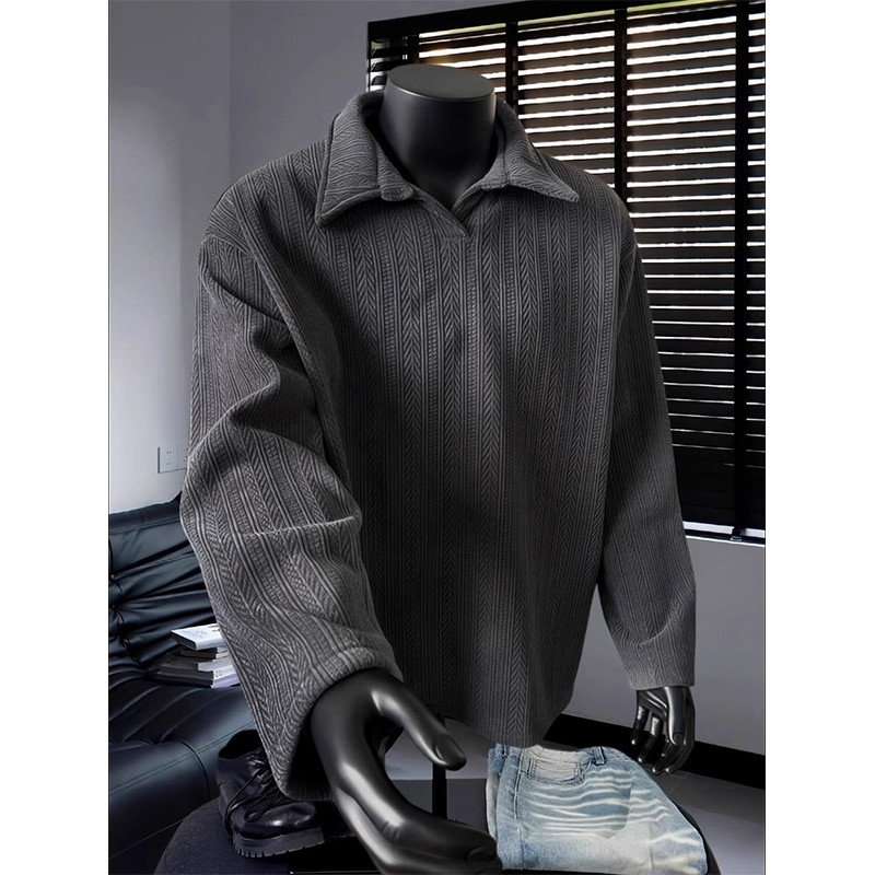 大码300斤麦穗纹v领卫衣男款春秋美式复古翻领重磅长袖polo打底衫