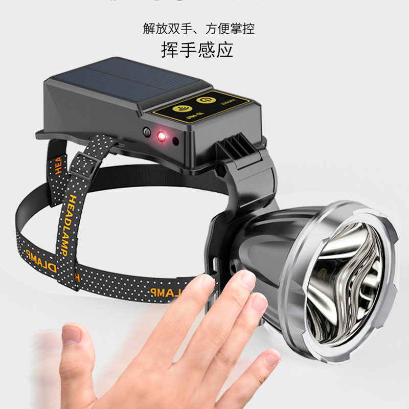 新款头灯户外太阳能头灯高亮头戴式照明灯高亮P100灯芯夜钓灯