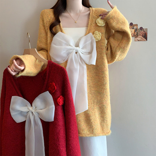 法式 女装 复古宽松慵懒风蝴蝶结针织上衣 大码 实拍2025秋冬新款