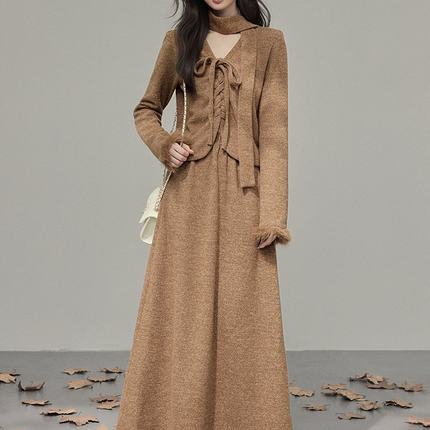 韩系v领系带毛领上衣套装女秋冬款别致收腰半身裙两件套