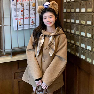 双面穿 连帽格子毛呢大衣2025年冬季新款棕色宽松小个子短款外套