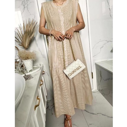 韩国夏季新款纯色圆领无袖单排扣衬衫连衣裙两侧有口袋