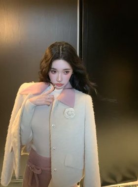 Barb Chill小香风撞色翻领毛呢外套女冬季夹棉加厚上衣蝴蝶结半裙