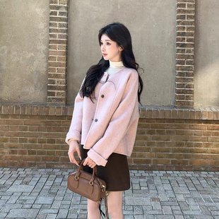 solo爆爆柔粉雪姬小个子双面呢大衣蒲公英粉圆领短款 羊毛外套女