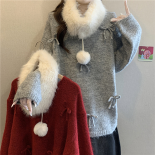 蝴蝶结毛毛领围脖红色毛衣两件套女秋冬大码 胖mm宽松慵懒针织上衣