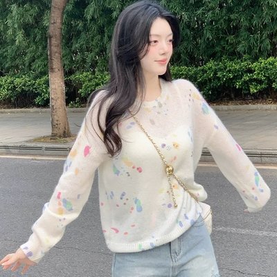 2024新款爆款彩色点点长袖圆领针织衫女设计感小众高级感秋冬上衣