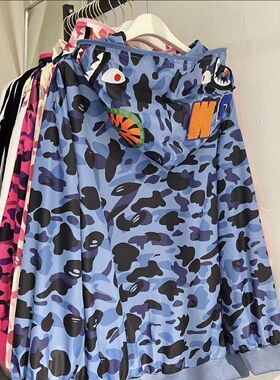 夏季新款情侣迷彩鲨鱼嘴防晒衣服印花外套连帽宽松薄款设计感上衣