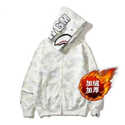 迷彩刺绣连帽上衣男女同款秋冬季白色加绒单帽设计感鲨鱼外套ins