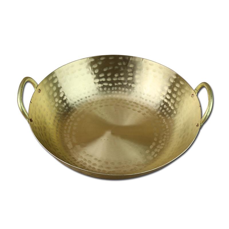 32cm大号纯铜铜炒锅菜锅加厚黄铜平底锅双耳带锤印无盖