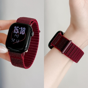 适用苹果S11手表iwatch11表带applewatch10尼龙回环腕带S10编织S9女生S8官方新款 SE3运动S7男S6秋冬梅子红色