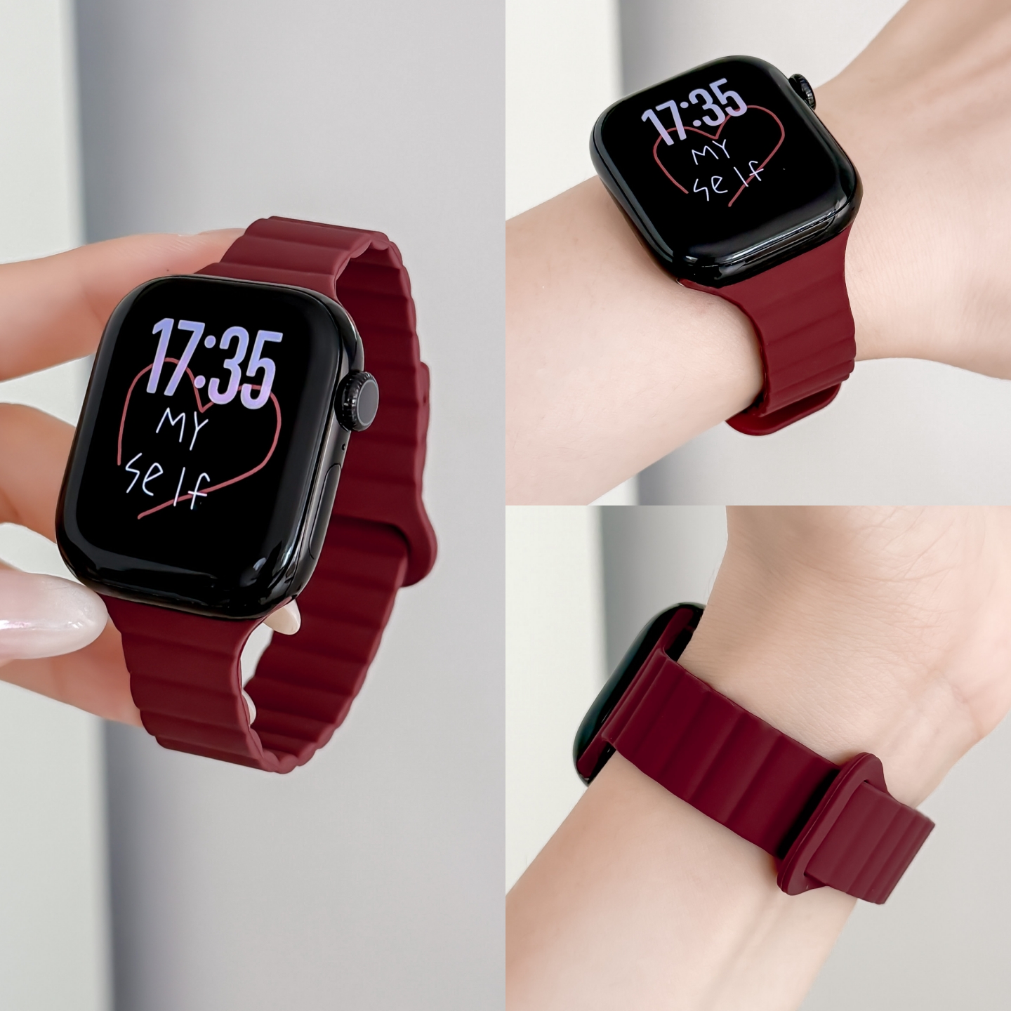 适用苹果s11表带酒红色硅胶磁吸