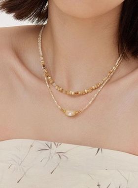 部落新中式天然石项链女高级设计感小众复古可叠带项链轻奢饰品