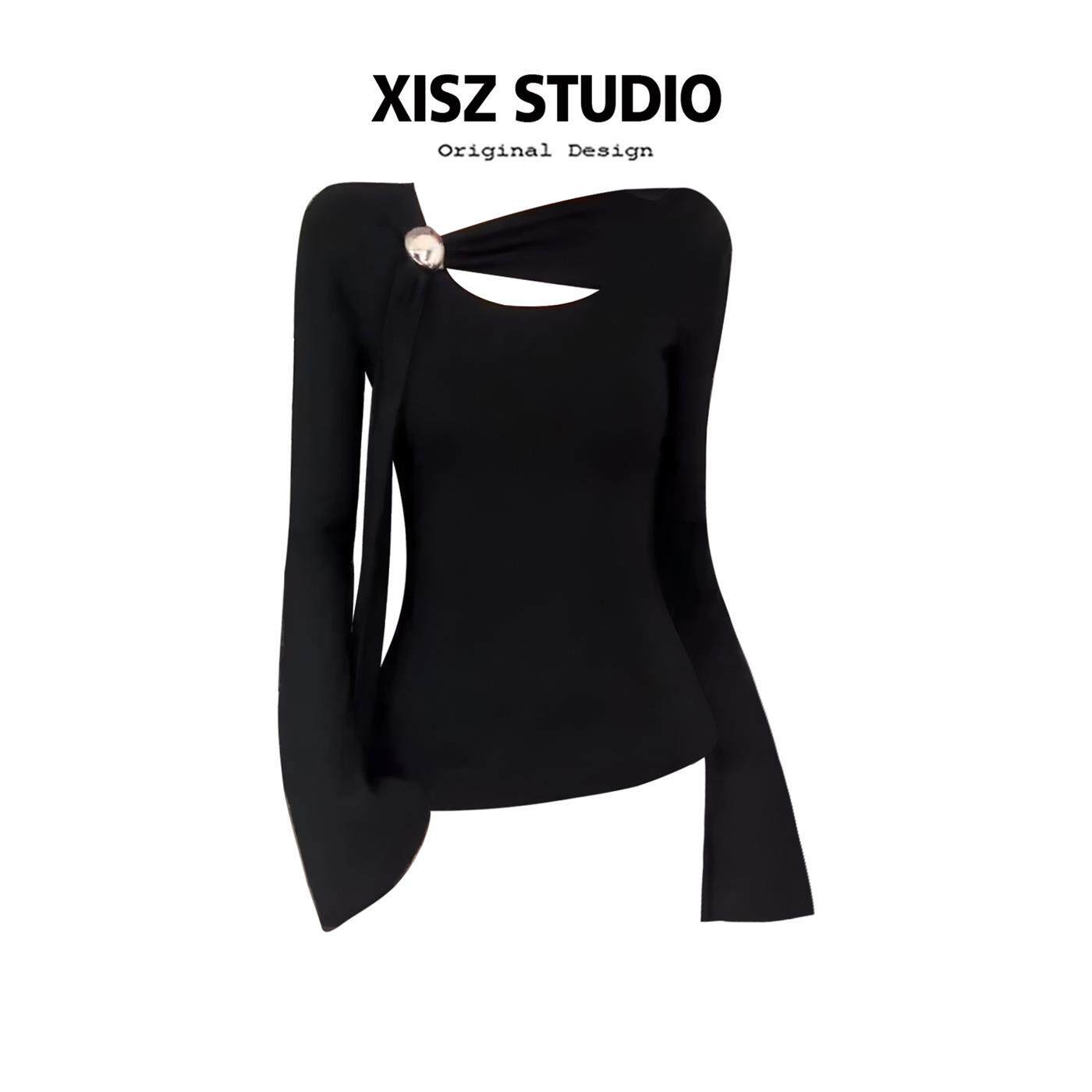 气质辣妹风斜肩飘带设计感长袖T恤女秋季小众时尚修身打底衫上衣