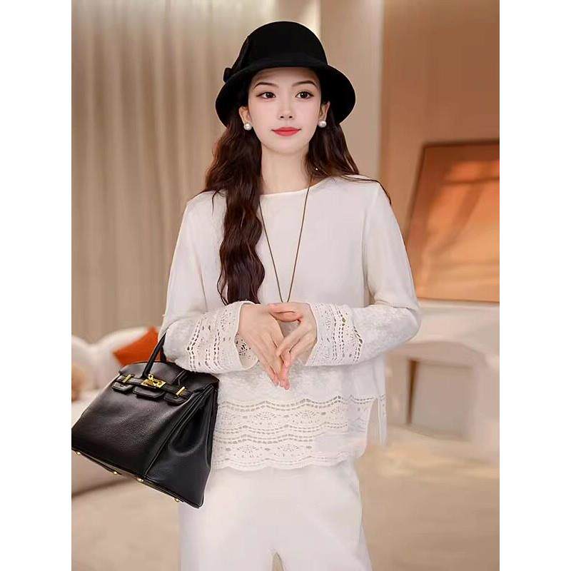 大码女装镂空重工蕾丝刺绣针织衫长袖秋季胖mm显瘦内搭打底衫上衣