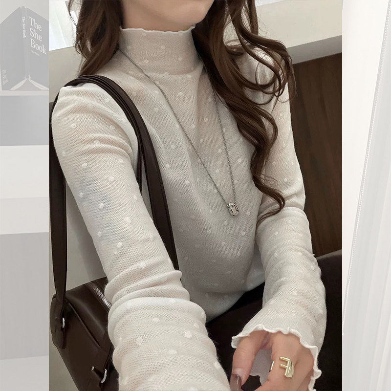 韩系波点蕾丝木耳边高领打底针织衫女秋冬季新款百搭气质减龄上衣
