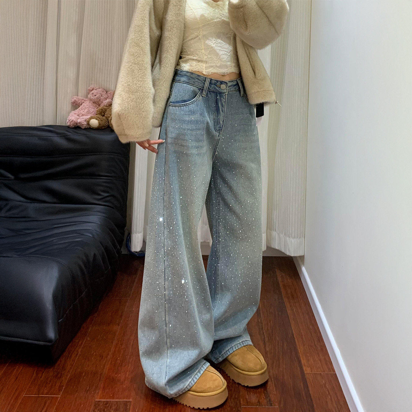 美式高街烫钻阔腿牛仔裤女冬季加绒大尺码胖mm高腰宽松显瘦拖地裤