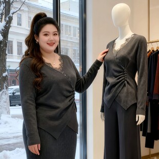 大码性感v领蕾丝假两件针织衫毛衣女秋冬新款内搭打底衫灰色上衣