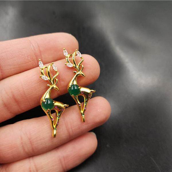 天然复古式宫廷风设计铜镀金梅花鹿挂件镶嵌玉髓吊坠项链