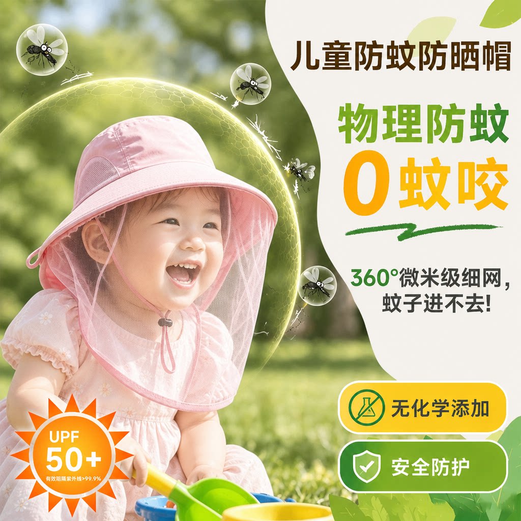 儿童防小咬帽子防蚊防晒面罩网纱户外遮脸护脸面纱帽婴儿宝宝外出