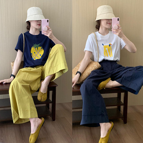 2025初夏多巴胺穿搭一整套大码胖mm韩系休闲短袖上衣阔腿裤两件套