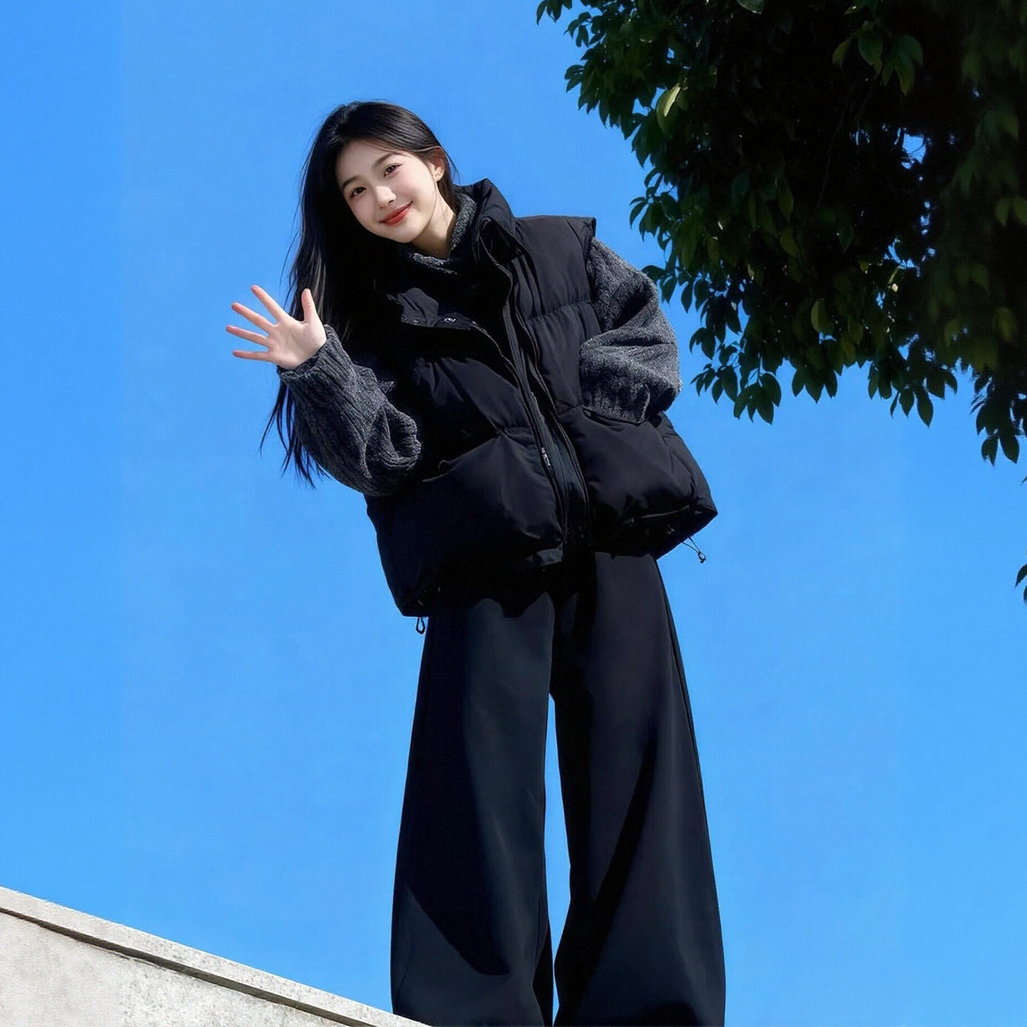 2026超火冬装一整套韩系慵懒针织毛衣叠穿棉服马甲阔腿裤三件套女