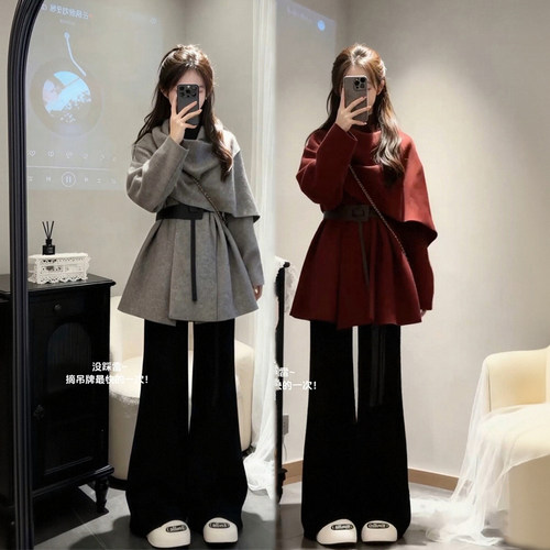 冬装气质一整套ootd穿搭斗篷大衣外套牛仔裤绝美大方得体两件套女