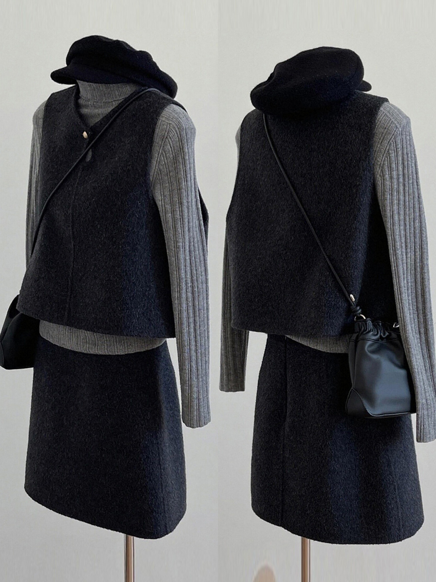 秋装搭配一整套财阀千金miu系穿搭叠穿马甲打底衫半身裙三件套女