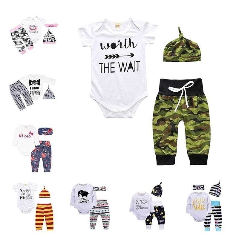 3pcs newborn infant baby romper tops pants  hat clothes set