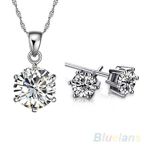 women wedding zircon gem pendant chain necklace stud earring