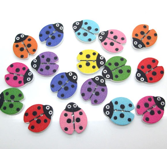 50Pcs Mixed Ladybug Wood Shape  Sewing Buttons  Kids Clothes