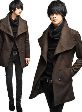 Korean style men's trendy men's woolen coat trench thickcoat