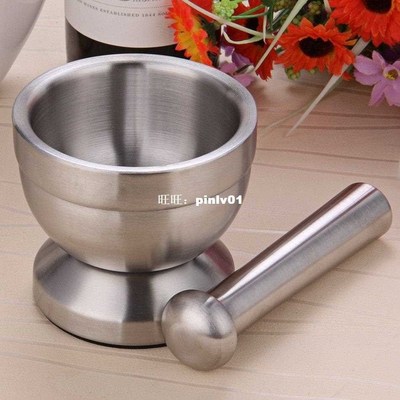 New Double Stainless Steel Mortar and Pestle Pedestal Bowl K