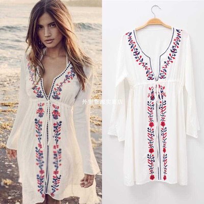 New Embroidery Cover up Vintage Swimwear Ladies Tunics Kafta